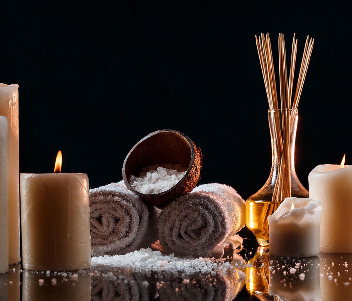 candles, towels and bath salts for relaxing at my purity spa